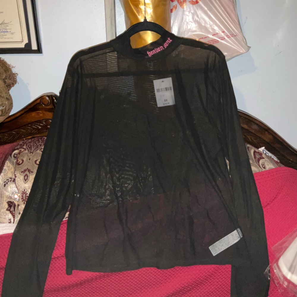 New 3XL Forever 21 Black Mesh Long Sleeve T-Shirt - Embroidered Neck